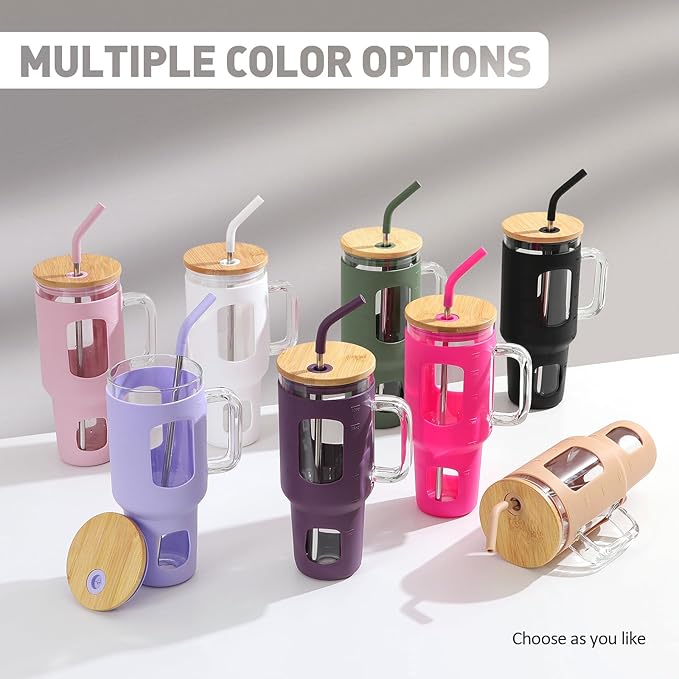 Glass Tumbler with Straw and Lid, 40 oz glass cup with handle, Glass Water Bottles with Time Marker, Silicone Protective Sleeve-Amber
