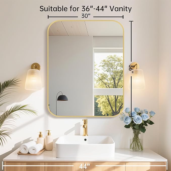 30x36 Inch Gold Bathroom Mirror, Brushed Gold Metal Framed Rectangular Mirror