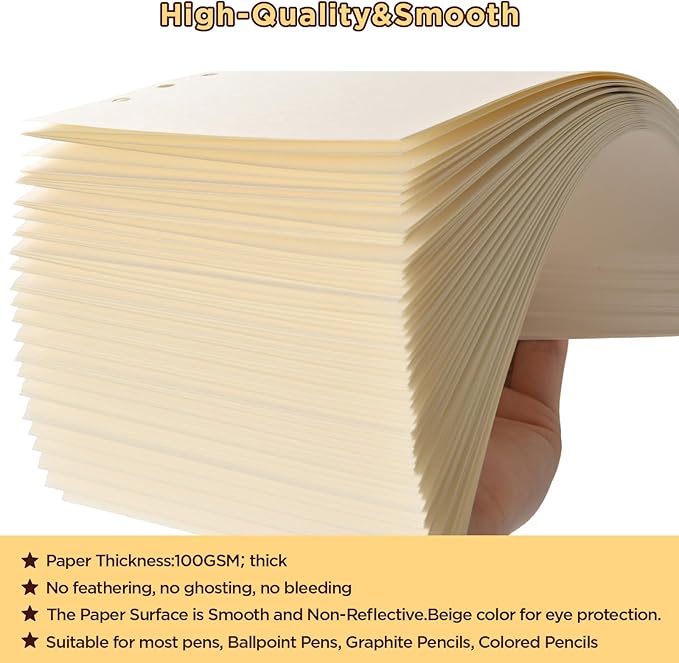 A5 6-Hole Blank Loose-Leaf Paper, Beige – Refill Pages for Standard A5 6-Ring Binder, Journals, Planners – Ideal for Office, Study, Recipes, Travel & Budgeting – Pack of 2 (80 Sheets per Pack)