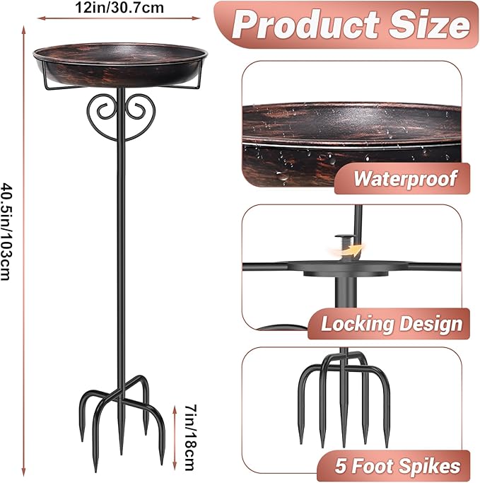Bird Bath for Outside,Vintage Freestanding Bird Bath with Metal Stake Upgraded 5 Pronged Base Detachable Birdbaths Feeder Bowl for Outdoors Garden Patio Yard Lawn Decor (Vintage Bronze)