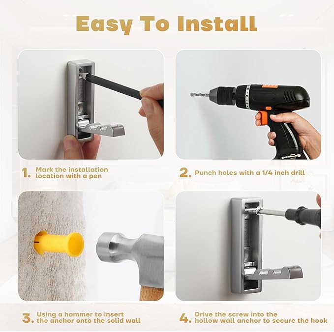 Folding Wall Hook, Heavy Duty Zinc Alloy No Rust Fold Up Hooks