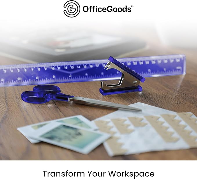 OfficeGoods 3 Piece Acrylic Desk Set - Includes Ruler, Staple Remover, Scissors - Functional & Elegant Desk Accessories - Stationery Tools for Home, Office, and School - Blue with Silver Metal