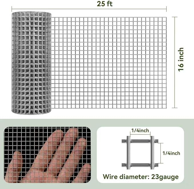 AMAGABELI GARDEN & HOME Hardware Cloth 1/4 inch 16inx25ft Galvanized After Welding 23 Gauge Square Chicken Wire Fence Mesh Roll Raised Garden Bed Plant Supports Poultry Netting Cage Snake Fence