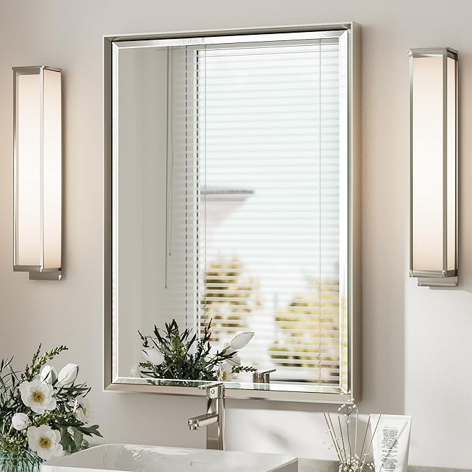 Brushed Nickel Bathroom Mirror, 22x30 Inch Beveled Framed Bathroom Mirror