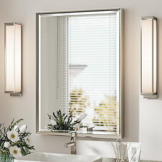 Brushed Nickel Bathroom Mirror, 22x30 Inch Beveled Framed Bathroom Mirror