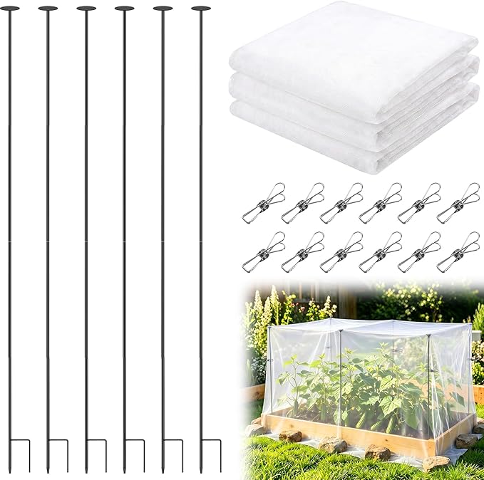 Metal Garden Netting Covers Kit for Raised Beds, 6 Pack 5.2FT Garden Poles Support Stakes with 10×13FT Insect Pest Barrier Plant Netting Mesh & 12 Clips for Vegetable Fruit Flower Garden Protection