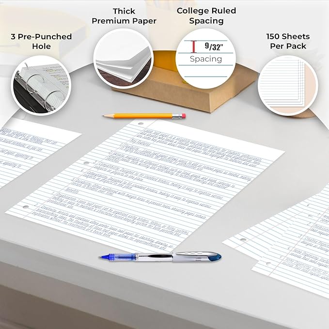 Rosmonde 576 Pack (Pallet) Loose Leaf Paper Bulk, 86400 Sheets, College Ruled, 150 Sheets/Pack, 8 x 10.5", Pallet of Filler Paper, 3 Hole Punched, 56 Gsm Thick Paper, School & Office, 4-7 Days Transit