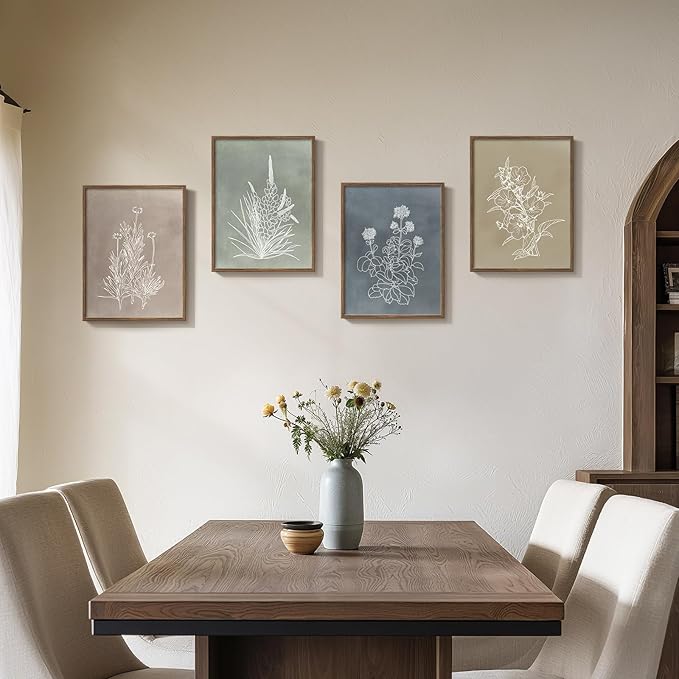 Framed Boho Botanical Wall Art for Living Room, 4 Piece Rustic Floral Canvas