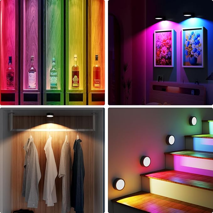 3 Pack Picture Lights for Wall, 13 RGB Color Rechargeable Battery Operated wall