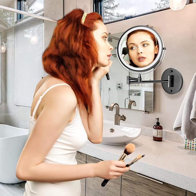 Rocollos 9" Wall Mounted Lighted Makeup Mirror, Large Double Sided 1X/10X