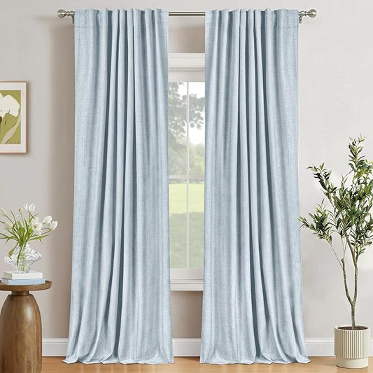 100% Blackout Shield Chambray Blue Linen Blackout Curtains