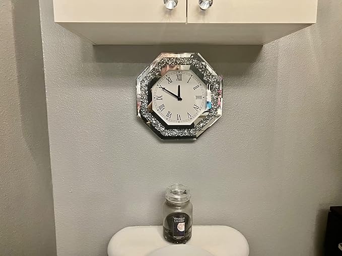 Wall Clock, Octagon Mirror Glass Clock, Cute Diamond 12-inch Non-Ticking Clock