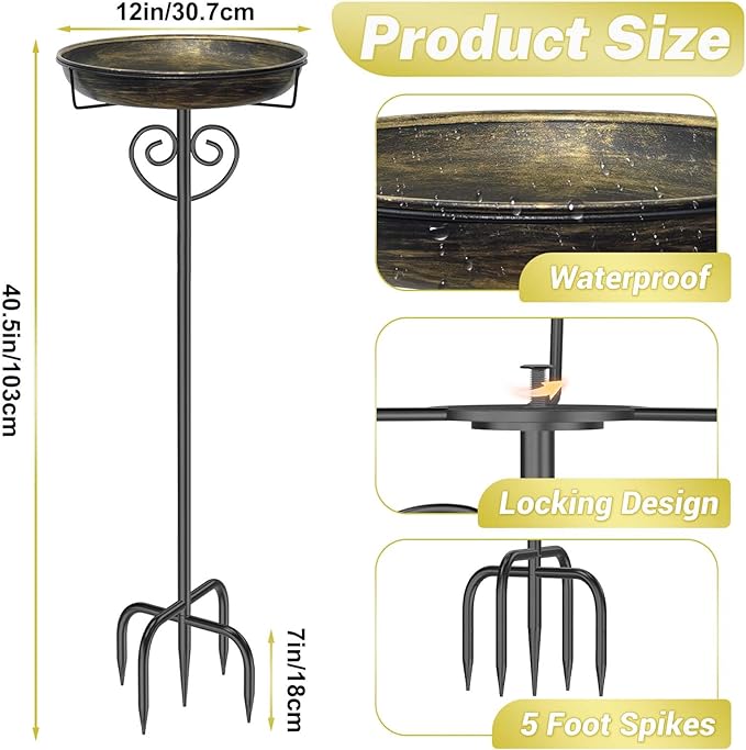 Metal Bird Bath for Outdoor, Garden Freestanding Birdbaths & Birdfeeders with Removable Bird Baths Feeder Bowl with 5 Prong Base Stake for Outside Garden Patio Yard Lawn Decor (Vintage Gold)