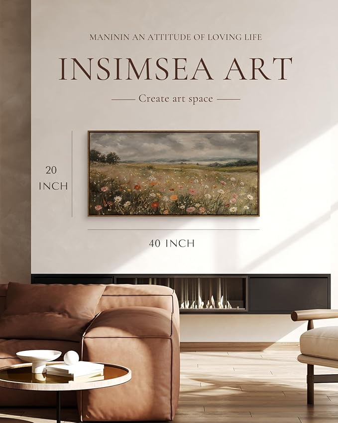 InSimSea Extra Large Framed Vintage Wall Art, Living Room Country Farmhouse Decor, Wildflower Field Flowers Landscape Canvas Prints, Retro Scenery Long Pictures for Bedroom Above of Bed,20x40inch
