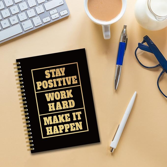 YAZMEEN Inspirational Quote Black Gold Spiral Notebook（160 Pages） Stay Positive Work Hard Make It Happen Blank Hardcover Notebook Encouragement Gift Funny Notebook Gift for Coworker Boss Team Member