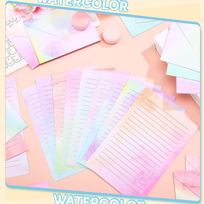 TaoBary 160 Pcs Stationery Paper Set 50 Double Sided Stationery Papers with 50 Matching Envelopes and 60 Round Dot Sticker, 10 Design(Watercolor,5.5 x 8.25 Inch)