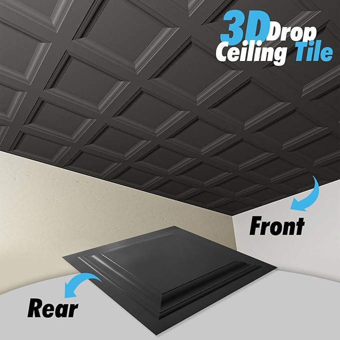 Art3d 12-Pack Square Black Drop Ceiling Tile 2ft x 2ft, PVC Ceiling Panel 24 x