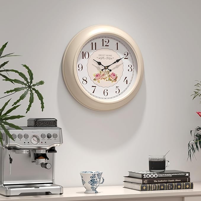 Abdurey Sweet French Rose Style Wall Clock, Battery Operated Silent, Creamy
