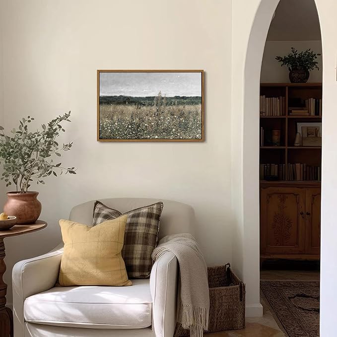 OIQArtOIQ Vintage Framed Wall Art Wildflower Field Meadow Canvas Art Prints