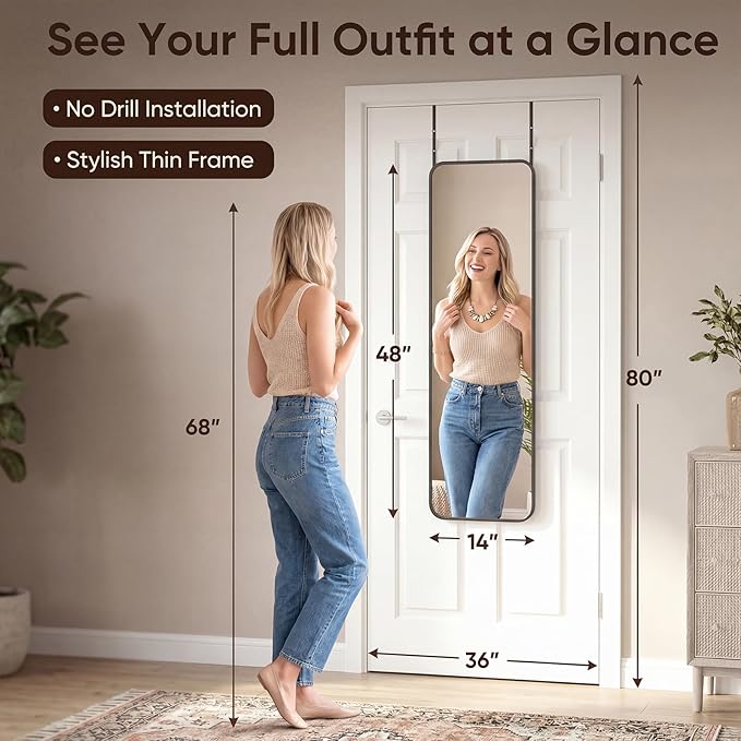 Antok 48"x14" Over the Door Mirror, Full Length Mirror Door Hanging