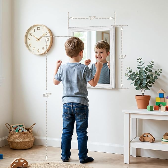 White Wood Effect Framed Wall Mirror, 16x20 Rectangle Mirror, Anti-desilvering
