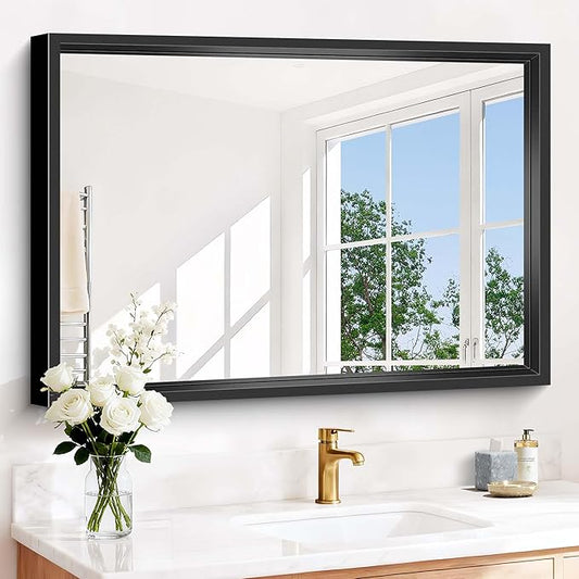 Bathroom Mirror, 42 x 30 Inch Brushed Black Rectangle Mirror, 0.6" Thickened