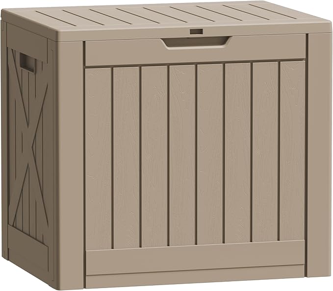 Flamaker Resin Deck Box 40 Gallon Waterproof Outdoor Indoor Storage Box Imitation Wood Resin for Patio Furniture Garden Tools and Pool (Brown)
