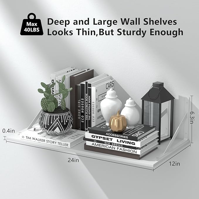 Deep Floating Shelves for Wall Set of 3, 24W x 12 Inch Deep White Floating