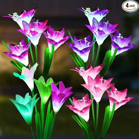 SOLARBABY Solar Lights Outdoor - Lily Flower Solar Garden Lights, 4 Pack Lights Outdoor Waterproof Multicolor Changing LED Flower with Bigger Lily for Patio Yard Pathway Balcony Outdoor DÃ©cor