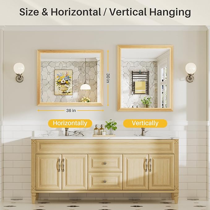 36x30 Inch Bathroom Mirror for Wall, Anti-Rust Oak Wood Grain Metal Framed