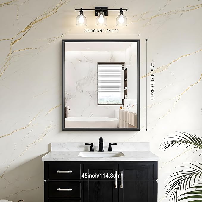 Bathroom Mirror, 42 x 36 Inch Brushed Black Rectangle Mirror, 0.6" Thickened