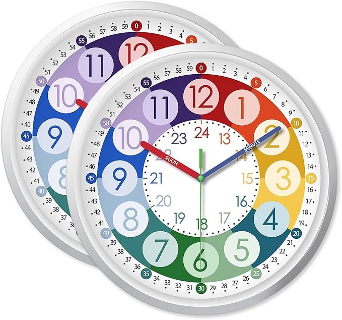 XFM 2 Pieces Learning Clock for Kids 8 Inch Silent Wall Clocks Battery Operated