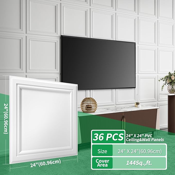 Art3d 36 Pack PVC Ceiling Tiles, 24x24 Inches Waterproof Drop Ceiling