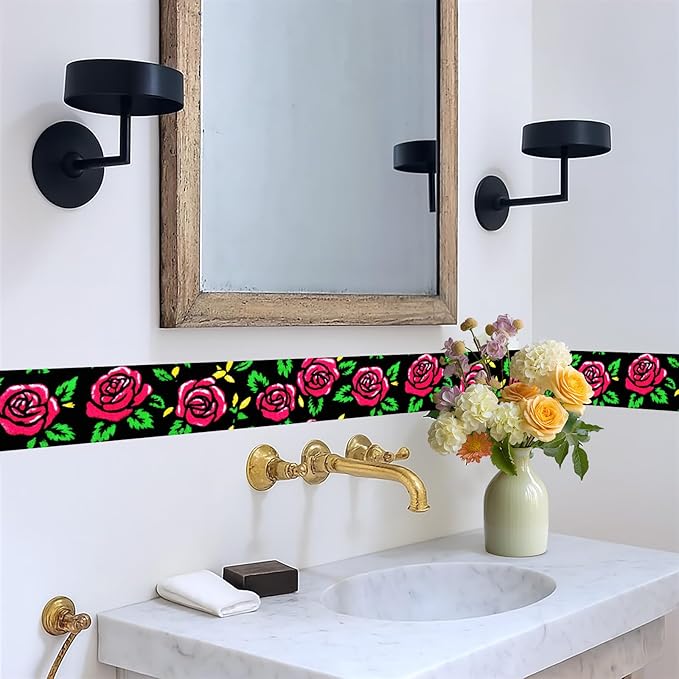 Red Rose Wall Border 196x4 Inch Peel and Stick Floral Wallpaper Border Black
