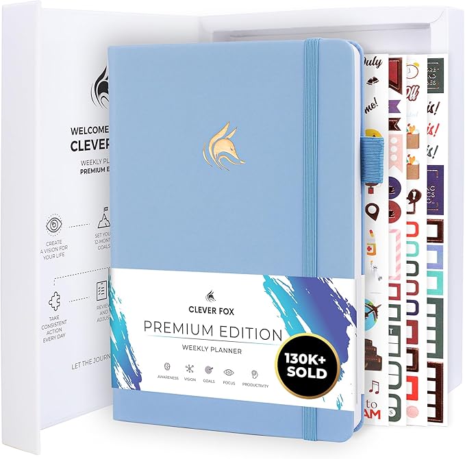 Clever Fox Planner Premium Edition – Undated Luxurious Weekly & Monthly Planner to Increase Productivity and Hit Your Goals – Organizer – Start Anytime, A5, Lasts 1 Year, Light Blue (Weekly)