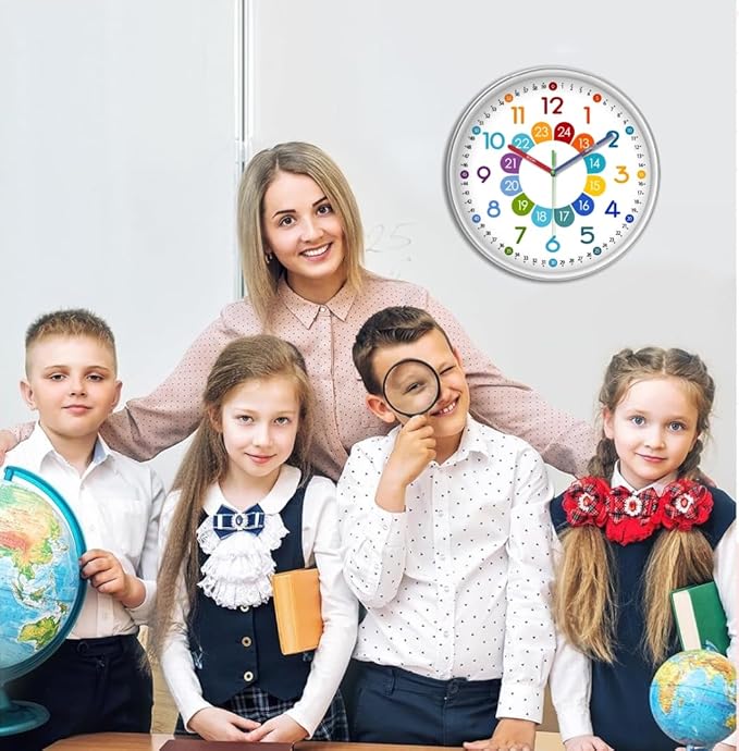 XFM Colorful Kids Wall Clock for Bedroom 14 Inch Round Learning Clock
