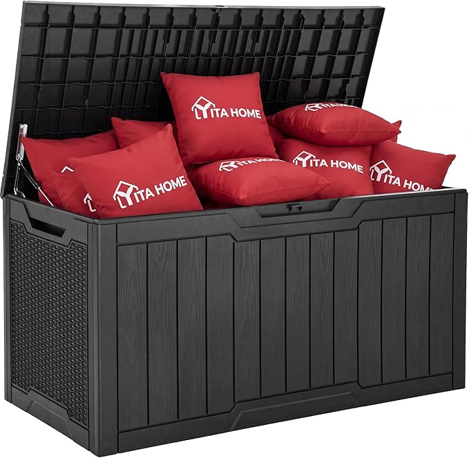YITAHOME 100 Gallon Large Outdoor Deck Box, Waterproof Resin Storage Box, Lockable Indoor Outdoor Storage Container for Patio Furniture Cushions, Pool Accessories, Garden Tools, Dark Gray