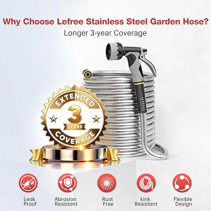 Lefree 125ft Stainless Steel Garden Hose - No-Kink Leak-Proof Crush Resistant, Dog Chew Proof with Upgraded Protective Rubber Sleeve, 10-Function Nozzle for Large Yard, Gardening, RV, Pet Bath