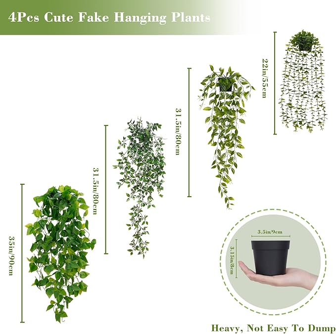 BLEUM CADE Fake Hanging Plants Mixed Set, Faux Hanging Potted Plants Greenery