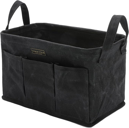 Storage Tool Case, 13.8 x 7.8 x 7.8 Inches, Rectangular Waxed Canvas Fabric Collapsible Tool Bag with Handles for Tools,Wrench Set,Screwdrivers (Black)