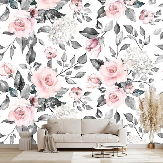 Grey Leaf Pink Flowers Mural Bedroom Floral Wallpaper Room Decor Living Room tv