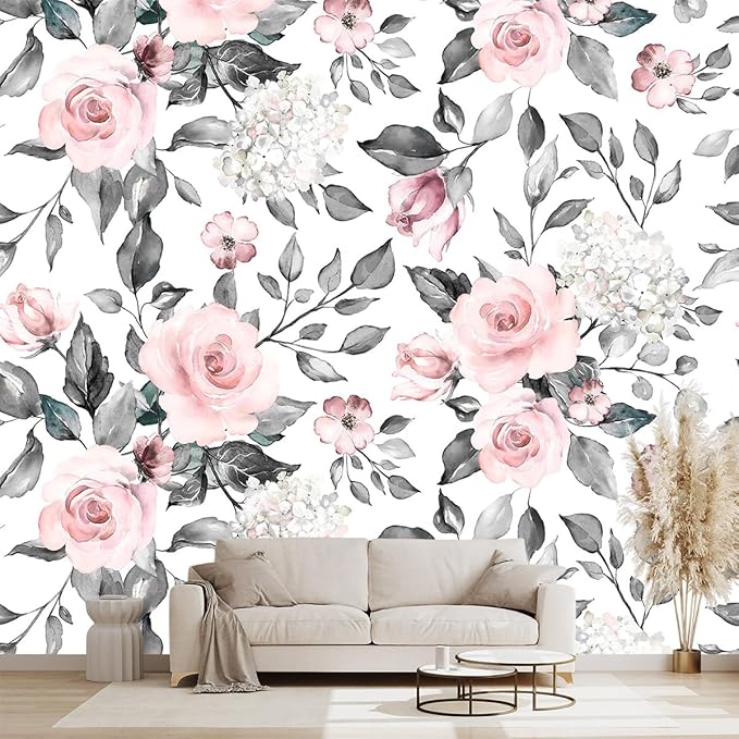 Grey Leaf Pink Flowers Mural Bedroom Floral Wallpaper Room Decor Living Room tv