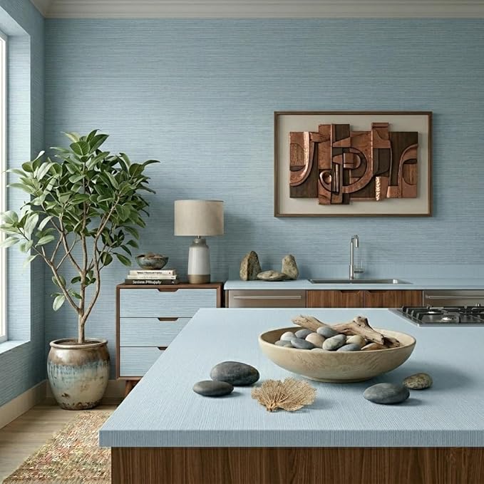 FUKU MON Light Blue Grasscloth Wallpaper Peel and Stick 24" x 394" Thickened