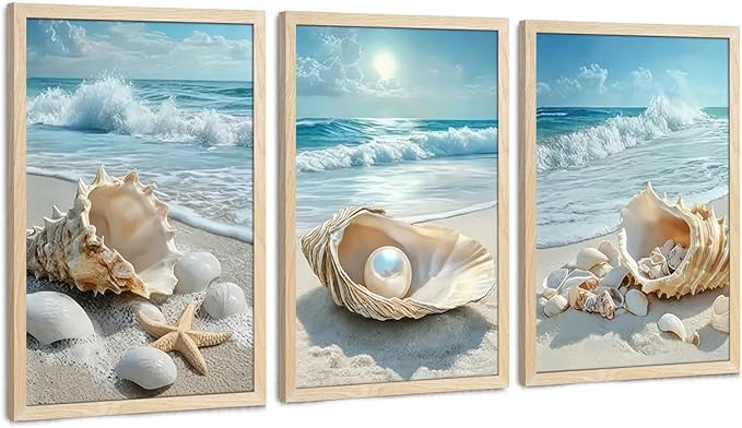 SYWENNOI 3 Piece Wood Framed Beach Wall Art, Sandy Shore, Pearl in Shell