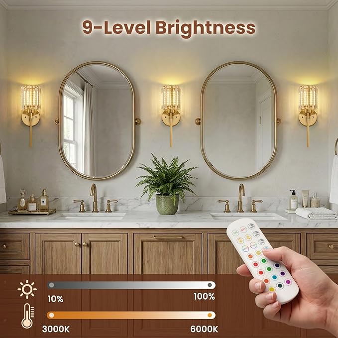 Crystal Battery Operated Wall Sconces, Brushed Gold Rechargeable Wireless Wall