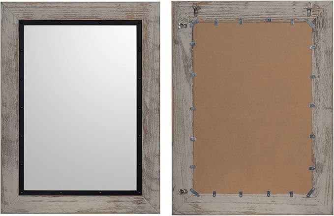 YOSHOOT Rustic Wooden Framed Wall Mirror, Natural Wood and Iron Bathroom Vanity