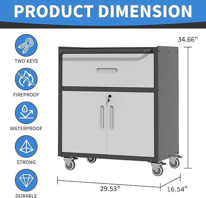 Metal Storage Cabinet with Wheels, Rolling Tool Cabinet with Adjustable Shelve