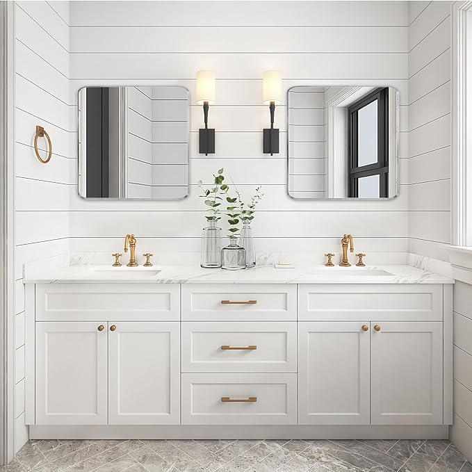 Wall Mount Mirror for Bathroom, Brush Silver Metal Framed Rounded Corner Square