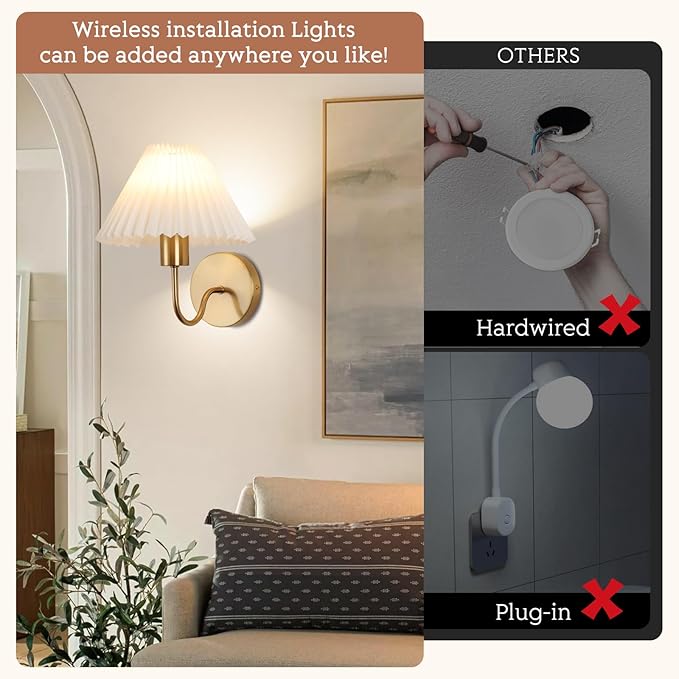 Wireless Wall Sconce Sets of 2, Pleated Shades Rechargeable Battery Operated