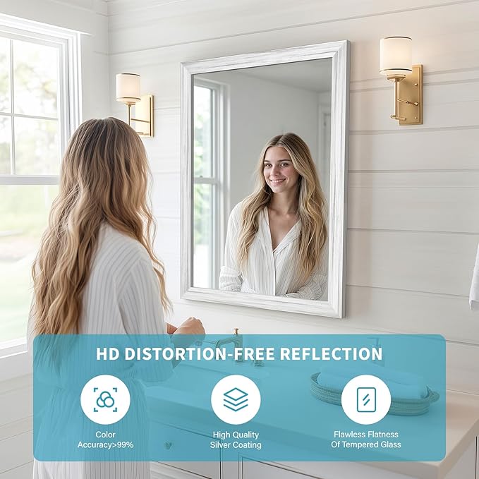 White Wood Effect Framed Wall Mirror, 24x36 Rectangle Mirror, Anti-desilvering